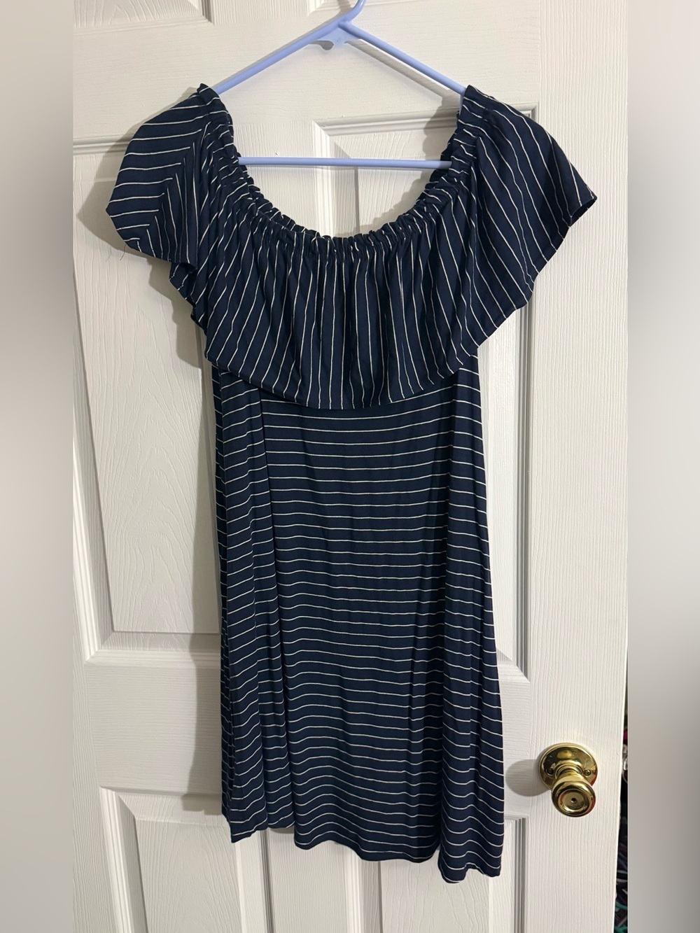 Abercrombie & Fitch Women’s Navy Stripe Off-Shoulder Dress
